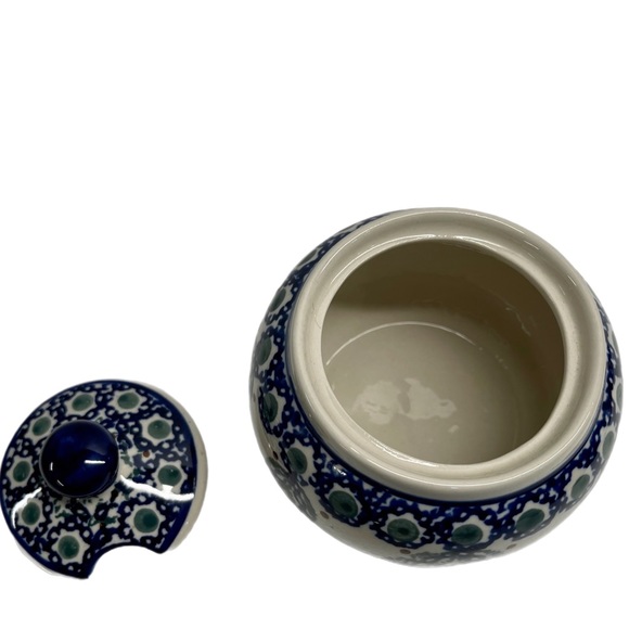 EUC Boleslawiec Polish Pottery Lidded Sugar Bowl-Blue Braided Chain Grn. 10 Oz. - Picture 8 of 9